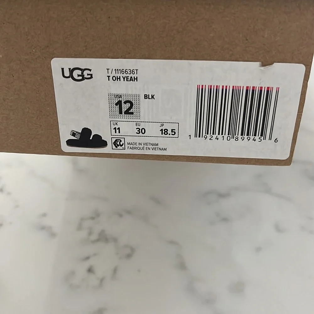 Brand new with box Ugg black fuzzy T OH YEAH slippers size 12 girls